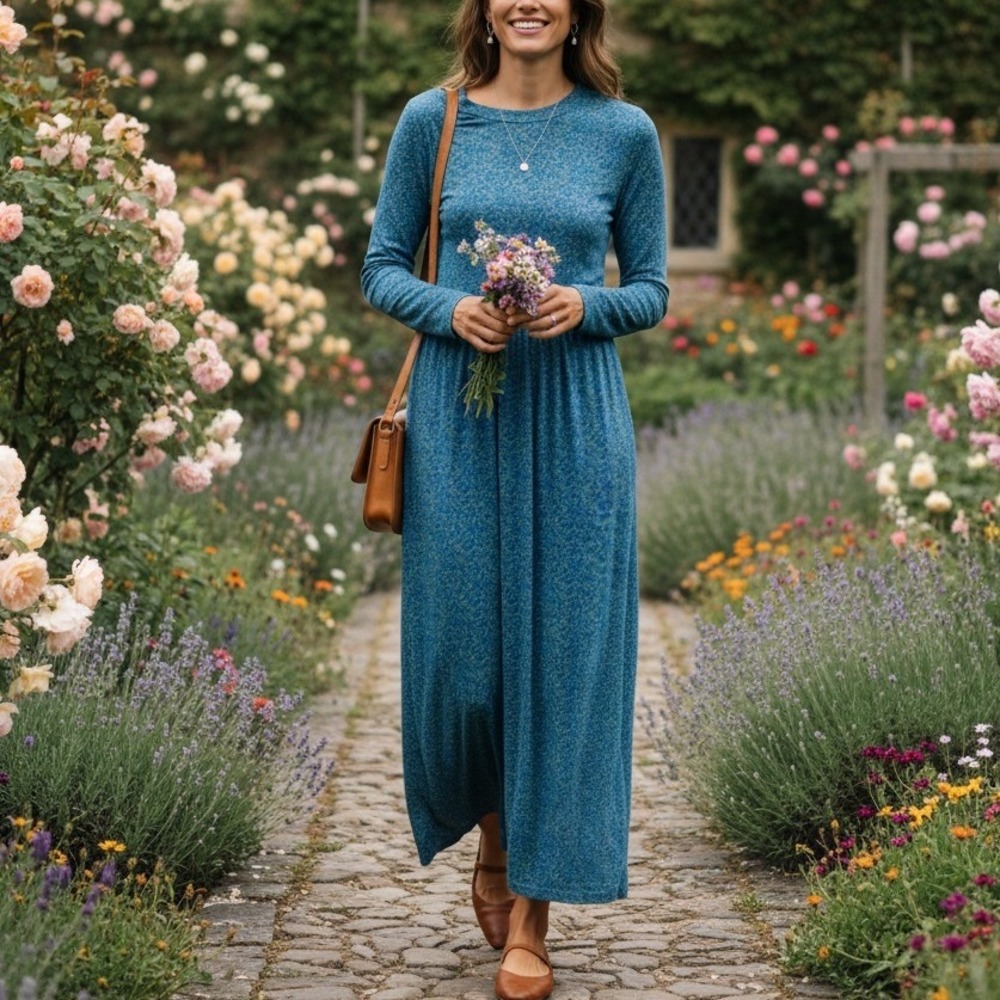 Boden Long Sleeve Midi Dress Tie Waist Pockets Cotton Modal Blue Print US 14